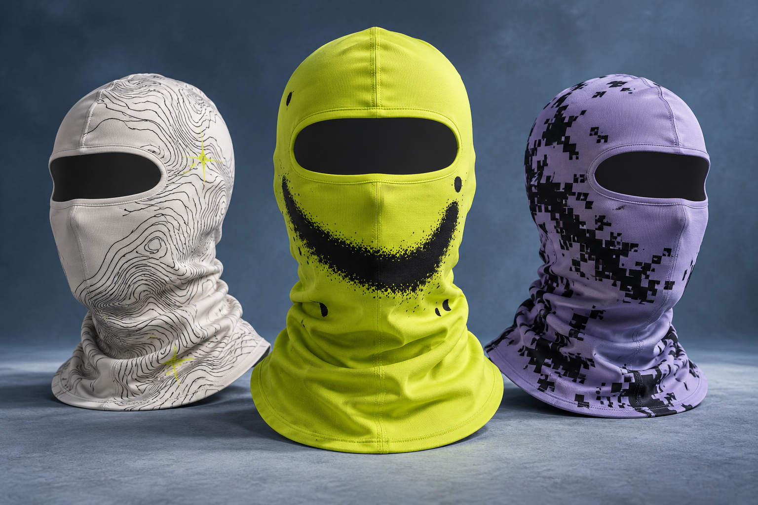 Three illustrative balaclava concepts: off-white contour lines, chartreuse grin, and lavender pixels.